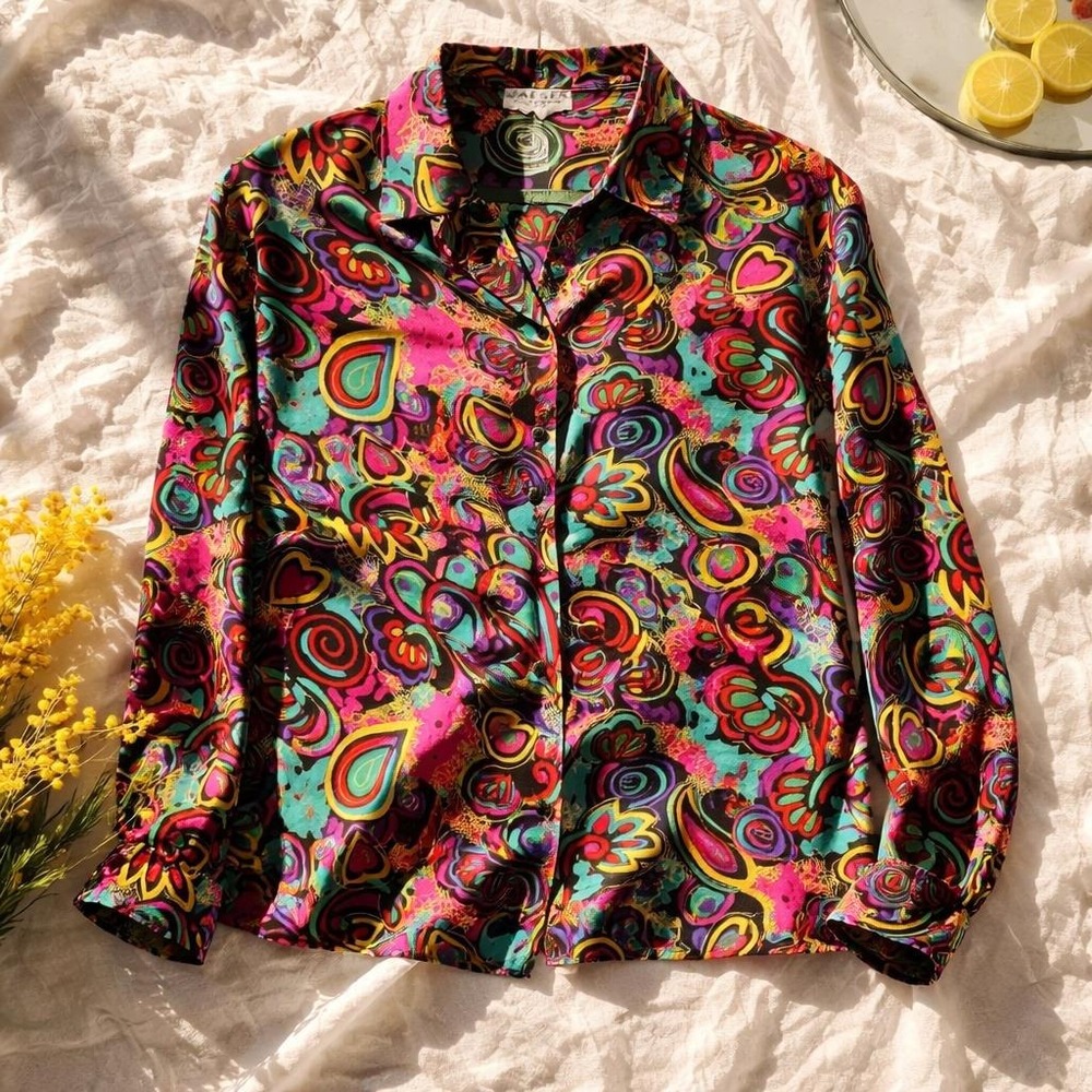 Jaeger 32 Vintage 80's Great Britain Psychedelic Paisley Heart Blouse Multicolor - Picture 2 of 8